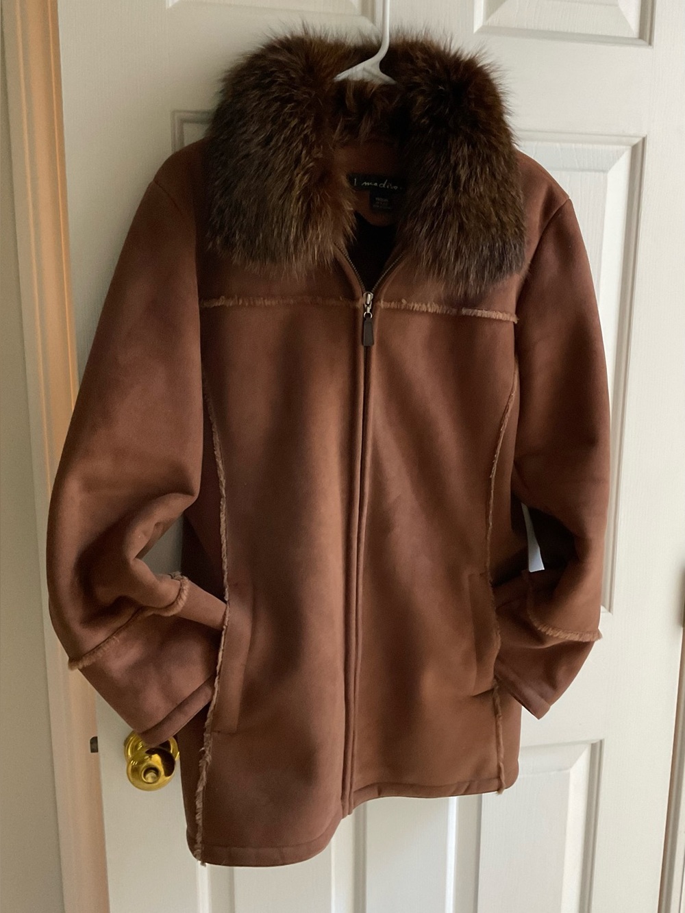 1 Madison Brown Teddy Shearling Jacket with Fox Fur detachable Collar